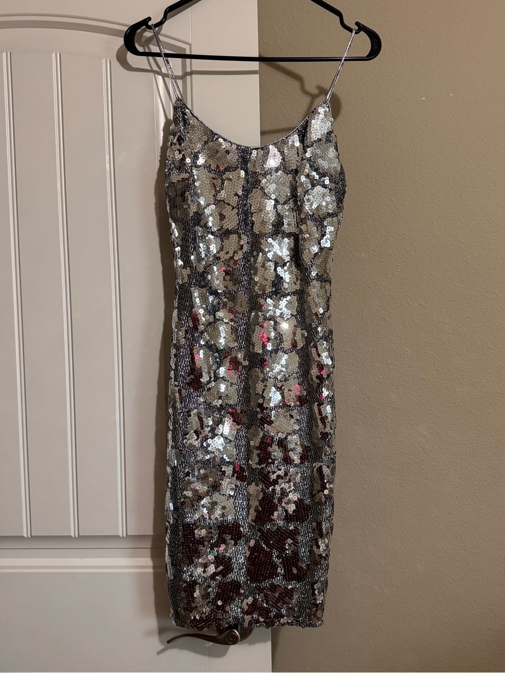 Silver Sequin Slip Mini Dress with Spaghetti Straps